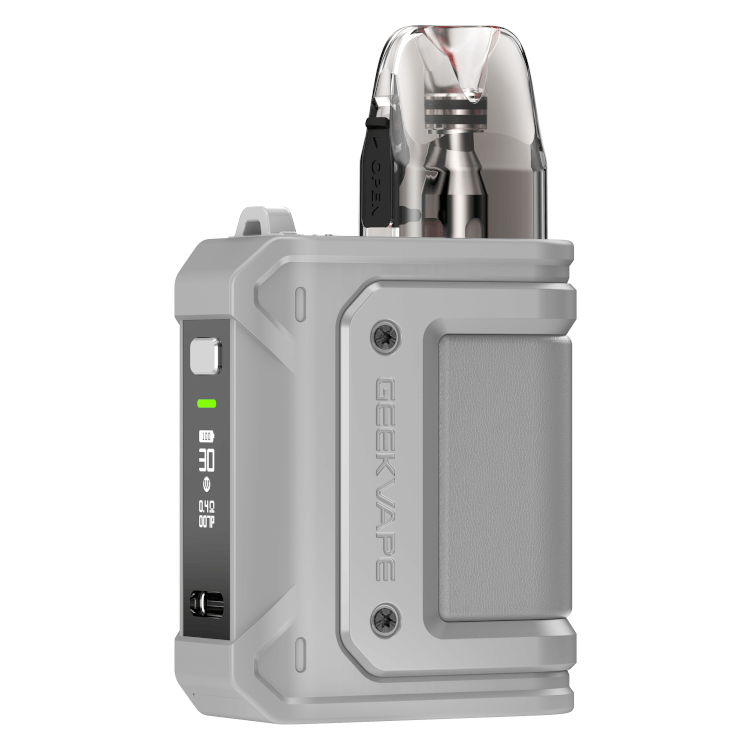 GeekVape Aegis HQ E-Zigarette in gray color with a clear cartridge and LED display.